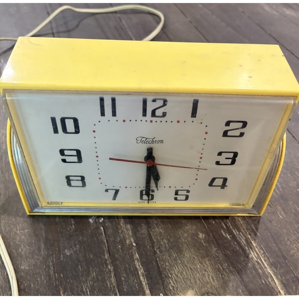 Vintage Yellow GE Telechron Wall Clock Model 2H47 Art Deco MCM 1954 Working